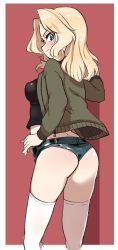 Rule 34 | 1girl, aomushi (mushamusha), ass, black tank top, blonde hair, blue eyes, blush, border, feet out of frame, female focus, from behind, girls und panzer, highres, kay (girls und panzer), looking at viewer, looking back, micro shorts, outside border, red background, shiny skin, short shorts, shorts, solo, sweat, tank top, thighhighs, thighs, white border, white thighhighs