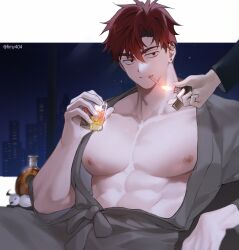 Rule 34 | 1boy, abs, absurdres, arm rest, bottle, cigarette, collarbone, couch, cup, ear piercing, grey kimono, hand up, highres, holding, holding cup, holding lighter, japanese clothes, kimono, leaning back, light smile, lighter, looking to the side, male focus, night, nipples, on couch, open clothes, original, parted bangs, pectorals, piercing, red eyes, red hair, short hair, sitting, smoking, timy505, twitter username, upper body, window