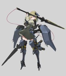 Rule 34 | 1girl, absurdres, blonde hair, blue eyes, commentary request, dual wielding, fighting stance, gloves, high heels, highres, holding, long sword, mecha musume, mechanical legs, oota youjo, original, shield, solo