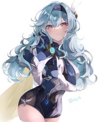 Rule 34 | 1girl, alternate hair length, alternate hairstyle, black hairband, blue hair, blush, character name, commentary request, cowboy shot, curly hair, eula (genshin impact), genshin impact, hair between eyes, hair ornament, hairband, highres, light blue hair, long hair, looking at viewer, naruka (ynarukay), necktie, purple eyes, simple background, solo, thighs, twitter username, v-shaped eyebrows, vision (genshin impact), white background