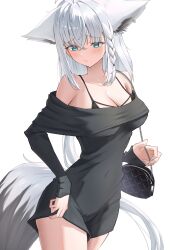 1girl absurdres ahoge alternate_costume animal_ear_fluff animal_ear_piercing animal_ears aqua_eyes bag bare_shoulders black_dress black_tail blue_nails blush braid breasts cleavage cowboy_shot crossed_bangs double-parted_bangs dress earrings extra_ears fox_ears fox_girl fox_tail highres hololive jewelry kirimoya long_hair long_sleeves looking_down low-tied_long_hair multicolored_tail nail_polish off_shoulder pencil_dress pentagram shirakami_fubuki shoulder_bag side_braid sidelocks simple_background single_braid single_earring solo spaghetti_strap tail taut_clothes taut_dress thighs virtual_youtuber white_background white_hair white_tail