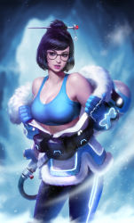 Rule 34 | 1girl, bare shoulders, beads, belt, belt pouch, black-framed eyewear, blizzard (company), blue gloves, blue legwear, breasts, brown eyes, brown hair, canister, cleavage, coat, collarbone, contrapposto, cowboy shot, crop top, drone, fur-trimmed jacket, fur coat, fur trim, glasses, gloves, hair bun, hair ornament, hair stick, jacket, kilart, large breasts, lips, looking to the side, machinery, mei (overwatch), off shoulder, overwatch, overwatch 1, parka, parted lips, pouch, print legwear, realistic, removing jacket, robot, short hair, sidelocks, single hair bun, snowball (overwatch), snowflake hair ornament, snowing, solo, standing, swept bangs, tank top, undressing, winter clothes, winter coat