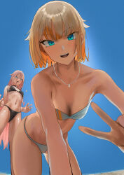 Rule 34 | + +, 2girls, absurdres, all fours, alternate costume, arm support, backlighting, bikini, black bikini, black choker, blonde hair, blue eyes, blue sky, braid, breasts, cevio, choker, colored inner hair, commentary request, film grain, from below, grey bikini, hair between eyes, hair flaps, hand up, highres, ia (vocaloid), imminent grope, jewelry, kneeling, light blush, long hair, looking at another, looking at viewer, looking down, medium hair, multicolored hair, multiple girls, necklace, one (cevio), open mouth, orange hair, outdoors, pink hair, pink nails, siblings, sisters, sky, small breasts, smile, sparkle, standing, stomach, strapless, strapless bikini, sunlight, swimsuit, tsurime, v, vang 09, very long hair, vocaloid