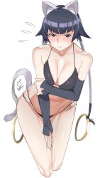 Rule 34 | 1girl, animal ears, bare shoulders, bikini, black bikini, black eyes, black hair, bleach, blunt bangs, blush, breasts, cat ears, cat tail, cleavage, embarrassed, fake animal ears, fake tail, hair ornament, half-closed eyes, highres, kuma (jk0073), looking at viewer, low twintails, medium breasts, simple background, solo, sui-feng, sweatdrop, swimsuit, tail, twintails, white background
