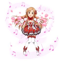 Rule 34 | 1girl, :d, asuna (sao), beamed quavers, beamed semiquavers, blush, bow, breasts, brown eyes, brown hair, choker, cleavage, collarbone, crotchet, dress, elbow gloves, floating hair, frilled thighhighs, frills, full body, gloves, hair bow, layered dress, long hair, looking at viewer, medium breasts, minim, musical note, open mouth, outstretched arms, quaver, red bow, semibreve, semiquaver, smile, solo, strapless, strapless dress, sword art online, thighhighs, transparent background, treble clef, very long hair, white gloves, white thighhighs