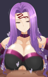 Rule 34 | 1boy, 1girl, black dress, breasts, breasts squeezed together, choker, cleavage, dark-skinned male, dark skin, dress, facial mark, fate/grand order, fate/stay night, fate (series), forehead mark, grey background, hetero, kairi (fotune), large breasts, long hair, looking at viewer, looking down, medusa (fate), medusa (rider) (fate), paizuri, paizuri under clothes