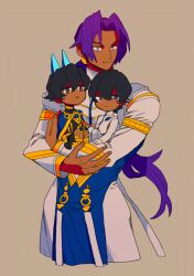 Rule 34 | 3boys, arjuna (fate), arjuna alter (fate), bhima (fate), bhima (second ascension) (fate), black hair, blue horns, brothers, carrying, carrying person, cowboy shot, dark-skinned male, dark skin, fate/grand order, fate (series), glowing horns, horns, long hair, long sleeves, looking at viewer, looking to the side, male focus, multiple boys, ponytail, purple eyes, purple hair, siblings, simple background, tnaym, white background