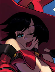 Rule 34 | 1girl, ;p, alex ahad, bare shoulders, black hair, blue eyes, breasts, collar, cropped, detached sleeves, eyeshadow, guilty gear, hat, highres, i-no, large breasts, lipstick, makeup, mole, one eye closed, short hair, solo, tongue, tongue out, underboob, witch hat