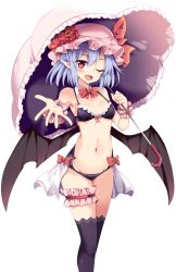 Rule 34 | 1girl, bare shoulders, bat wings, bikini, black bikini, black thighhighs, black wings, blue hair, bow, breasts, bridal garter, cleavage, detached collar, fang, hat, hat ribbon, highres, holding, holding umbrella, looking at viewer, maturiuta sorato, mob cap, navel, outstretched arm, pink hat, pointy ears, red bow, red eyes, remilia scarlet, ribbon, simple background, small breasts, solo, standing, stomach, swimsuit, thighhighs, touhou, umbrella, white background, wings, wrist cuffs