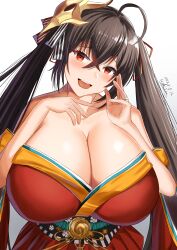 Rule 34 | 1girl, absurdres, ahoge, azur lane, bare shoulders, bird mask, black hair, blush, bow, breasts, cleavage, collarbone, crossed bangs, fingernails, gekisum, hair bow, hair ribbon, highres, huge breasts, japanese clothes, jewelry, kimono, long hair, looking at viewer, mask, mask on head, open mouth, red eyes, red kimono, red ribbon, ribbon, ring, sash, solo, striped, striped bow, taihou (azur lane), teeth, tongue, twintails, upper teeth only, very long hair, wedding ring