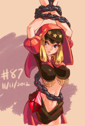 Rule 34 | 1girl, 2012, arms up, bdsm, blonde hair, bondage, bound, bound arms, breasts, chain, colorized, dated, hood, junkpuyo, large breasts, midriff, navel, odin sphere, puff and slash sleeves, puffy short sleeves, puffy sleeves, purple eyes, short sleeves, solo, velvet (odin sphere)