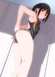 Rule 34 | 1girl, adjusting clothes, adjusting swimsuit, armpits, artist name, ass, baba arumi, black hair, black one-piece swimsuit, blush, breasts, character request, commentary request, competition swimsuit, copyright request, dated, embarrassed, fingernails, from below, from side, frown, hair bobbles, hair ornament, half-closed eyes, highres, indoors, legs, locker, locker room, looking at viewer, one-piece swimsuit, original, ponytail, purple eyes, short hair, sidelocks, signature, small breasts, solo, standing, sweat, swimsuit, thighs, twintails