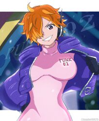Rule 34 | 1girl, bodysuit, breasts, curvy, feet out of frame, gloves, hair over one eye, highres, inadori, jacket, large breasts, looking at viewer, one piece, orange hair, pink bodysuit, pink eyes, purple jacket, shiny clothes, vegapunk lilith, wide hips