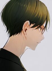 Rule 34 | 1boy, absurdres, black shirt, commentary request, ensemble stars!, glasses, green eyes, green hair, grey background, hasumi keito, highres, male focus, ninomiya (t 238 t), portrait, profile, shirt, simple background, solo