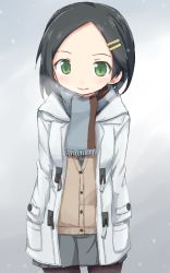 Rule 34 | 1girl, black hair, black pantyhose, breath, brown sweater, cardigan, closed mouth, coat, cold, commentary, cowboy shot, fringe trim, green eyes, grey scarf, grey skirt, hair ornament, hairclip, hands in pocket, hands in pockets, kakizaki (chou neji), kantai collection, kuroshio (kancolle), looking at viewer, miniskirt, pantyhose, pleated skirt, scarf, short hair, skirt, smile, snow, solo, standing, sweater, white coat