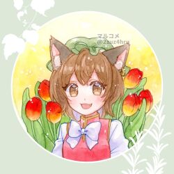 Rule 34 | 1girl, 2zuz4hru, :d, animal ear fluff, animal ears, bow, bowtie, breasts, brown eyes, brown hair, cat ears, chen, commentary request, earrings, fang, flower, gold trim, hat, jewelry, looking at viewer, mob cap, open mouth, painting (medium), red flower, red vest, short hair, single earring, small breasts, smile, solo, touhou, traditional media, tulip, upper body, vest, watercolor (medium), white bow, white bowtie