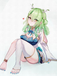 Rule 34 | 1girl, :3, absurdres, antlers, blue nails, blush, breasts, ceres fauna, ceres fauna (1st costume), cleavage, earrings, flower, green hair, hair flower, hair ornament, heart, highres, hololive, hololive english, horns, jewelry, large breasts, long hair, looking at viewer, mole, mole under eye, nail polish, panties, psypolo d, single earring, single thighhigh, smile, solo, thighhighs, toenail polish, toenails, underwear, virtual youtuber, white panties, white thighhighs, yellow eyes