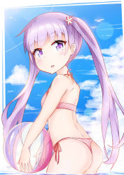 Rule 34 | 10s, 1girl, ass, ball, bare shoulders, beachball, bikini, day, hair ornament, highres, holding, long hair, looking at viewer, looking back, new game!, open mouth, purple eyes, purple hair, solo, suzukaze aoba, swimsuit, sylphine, thong bikini, twintails