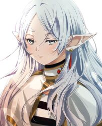 Rule 34 | 1girl, capelet, closed mouth, commentary request, dress, earrings, elf, eyelashes, frieren, green eyes, grey hair, highres, jewelry, long hair, looking at viewer, omichi 1219, parted bangs, pointy ears, portrait, short eyebrows, sideways glance, solo, sousou no frieren, thick eyebrows, white background, white capelet, white dress