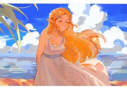 Rule 34 | 1girl, arms behind back, bare shoulders, blonde hair, blue sky, braid, breasts, closed eyes, cloud, cloudy sky, dress, hair ornament, hairclip, highres, leaning forward, letterboxed, long dress, long hair, medium breasts, nintendo, outdoors, parted bangs, parted lips, pointy ears, princess zelda, senzo6700, side braid, sky, sleeveless, sleeveless dress, smile, solo, sundress, teeth, the legend of zelda, the legend of zelda: breath of the wild, white dress