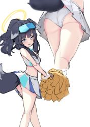 Rule 34 | 1girl, 36kypop, animal ears, black hair, blue archive, cheerleader, clothes lift, dog ears, dog girl, dog tail, eyewear on head, from below, grey eyes, halo, hibiki (blue archive), hibiki (cheer squad) (blue archive), lifted by tail, millennium cheerleader outfit (blue archive), multiple views, panties, pleated skirt, pom pom (cheerleading), ponytail, skirt, skirt lift, sleeveless, solo, standing, tail, tank top, underwear, white background, white panties, yellow halo