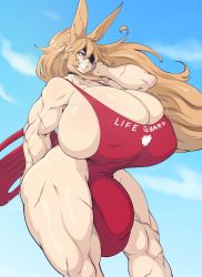 Rule 34 | 1futa, absurdres, blonde hair, blue eyes, breasts, choker, cleavage, collarbone, curvy, deumosden, eyepatch, final fantasy, final fantasy xiv, futanari, gigantic breasts, highres, huge penis, huge testicles, lifeguard, long hair, motion lines, muscular, muscular female, one-piece swimsuit, penis, ponytail, rabbit ears, scar, sky, smile, solo, swimsuit, testicles, thick thighs, thighs, velyn (veyllure), viera, wide hips
