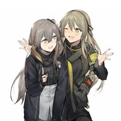 Rule 34 | 2girls, :d, black pantyhose, blush, brown eyes, brown hair, dress shirt, duoyuanjun, fingerless gloves, girls&#039; frontline, gloves, grey hair, highres, hood, hooded jacket, index finger raised, jacket, leaning forward, long hair, long sleeves, looking at another, ammunition pouch, multiple girls, one eye closed, one side up, open mouth, pantyhose, radio, shirt, shrugging, simple background, smile, star-shaped pupils, star (symbol), symbol-shaped pupils, ump40 (girls&#039; frontline), ump45 (girls&#039; frontline), upper body, walkie-talkie, white background, yellow eyes, zipper, zipper pull tab