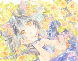 Rule 34 | 1girl, animal ears, bare shoulders, blue bow, blue dress, bow, commentary request, dress, flower, grey hair, hair flower, hair ornament, hands up, looking at viewer, off-shoulder dress, off shoulder, original, own hands together, painting (medium), parted lips, puffy short sleeves, puffy sleeves, short sleeves, smile, solo, striped, striped bow, tamaki mitsune, traditional media, twitter username, watercolor (medium), wrist bow, yellow eyes, yellow flower