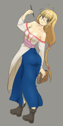 Rule 34 | 1girl, arc the lad, arc the lad ii, ass, bare shoulders, blonde hair, book, braid, breasts, brown eyes, dress, female focus, full body, glasses, hosi, lieza (arc the lad), long hair, looking back, pen, simple background, single braid, solo