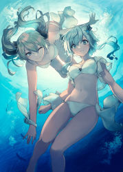 Rule 34 | 2girls, ahoge, air bubble, aqua eyes, aqua hair, bare legs, bare shoulders, barefoot, bikini, blue theme, blush, breasts, bubble, clenched hand, closed mouth, collarbone, dot nose, eyelashes, fish, floating, floating hair, hair between eyes, hair ornament, hair ribbon, hatsune miku, highres, hip bones, long hair, looking at viewer, medium breasts, multiple girls, navel, non-web source, one eye closed, open hands, ribbon, shawl, short hair, siblings, side-tie bikini bottom, sidelocks, sisters, smile, sunlight, swimming, swimsuit, teeth, twintails, underwater, vocaloid, water, wrist ribbon