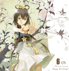 Rule 34 | 1girl, black hair, bracelet, closed mouth, flower, green eyes, hair flower, hair ornament, hairclip, happy birthday, highres, index finger raised, jewelry, kieed, long hair, looking at viewer, luo tianyi, short hair with long locks, solo, twintails, vocaloid, vocanese