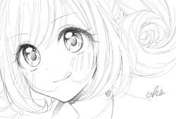 Rule 34 | 1girl, :q, blush, bright pupils, cropped torso, greyscale, highres, idolmaster, idolmaster cinderella girls, looking afar, monochrome, portrait, sato shin, signature, sketch, solo, tongue, tongue out, twintails, uika310p