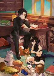 Rule 34 | 2girls, alternate costume, androgynous, au ra, barefoot, black hair, black pants, black shirt, black shorts, black socks, book, bottle, bowl, carpet, commentary request, crop top, crossed arms, day, desk, dog, dragon girl, dragon tail, drawer, egg, elbow rest, final fantasy, final fantasy xiv, food, from above, frown, full body, grey eyes, highres, hotaro (bread fusa), indian style, indoors, long sleeves, milk bottle, multiple girls, navel, on floor, open book, pants, radish, reverse trap, scales, shiba inu, shirt, short hair, shorts, sitting, socks, tail, warrior of light (ff14), window, zero (ff14)