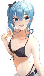 Rule 34 | 1girl, :d, bare arms, belt, bikini, bikini under clothes, black belt, black bikini, black bow, blue eyes, blue hair, bow, breasts, cleavage, collarbone, front-tie bikini top, front-tie top, hair between eyes, hair bow, halterneck, highres, hololive, hoshimachi suisei, looking at viewer, medium breasts, navel, no shirt, open mouth, sasai tuki, shorts, side ponytail, simple background, smile, solo, strap gap, string bikini, swimsuit, upper body, virtual youtuber, white background