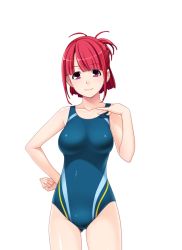 Rule 34 | 1girl, breasts, female focus, game cg, gluteal fold, hair up, hand on own hip, hanekura tomoe, hitozuma swimming club, ino (magloid), interheart, large breasts, legs, looking at viewer, pink eyes, red hair, simple background, smile, solo, standing, swimsuit, thighs, white background