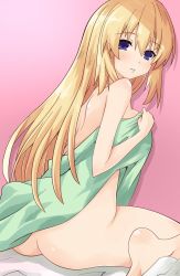 Rule 34 | 1girl, ass, bed sheet, blonde hair, blue eyes, blush, breasts, from behind, iwashi dorobou -r-, large breasts, long hair, looking at viewer, looking back, naked sheet, neptune (series), nude, sidelocks, sitting, solo, vert (neptunia)