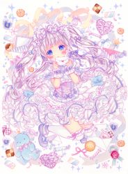 Rule 34 | 1girl, blue eyes, blue ribbon, blush, bow, candy, card, checkerboard cookie, cookie, dress, envelope, flower, food, footwear bow, frilled dress, frills, full body, gem, hair bow, hair ribbon, hairband, hands up, heart, heart-shaped gem, holding, holding letter, jelly bean, jumping, letter, lolita fashion, lolita hairband, long hair, looking at viewer, love letter, marker (medium), marshmallow, original, pansy, parted lips, petticoat, playing card, puffy short sleeves, puffy sleeves, purple footwear, puu (kari---ume), ribbon, shoes, short sleeves, sidelocks, solo, sparkle, striped, stuffed animal, stuffed toy, sweet lolita, teddy bear, thighhighs, traditional media, twintails, wax seal, white background, white dress, white hair, white thighhighs, wrapped candy, wrist cuffs