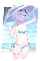 Rule 34 | 1girl, bare arms, bare shoulders, beach, bikini, blue bikini, blush, bob cut, border, bow, breasts, closed mouth, cowboy shot, cropped legs, flower, hand on headwear, hand up, hat, hat bow, hat flower, highres, looking at viewer, navel, ocean, sarong, sketch, small breasts, solo, sun hat, swimsuit, unizou, viprpg, white border, white hair, white hat, yellow eyes