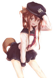 Rule 34 | 1girl, absurdres, anchor symbol, animal ears, bad id, bad pixiv id, black hat, black sailor collar, black skirt, blush, brown eyes, brown hair, collarbone, commentary request, cowboy shot, flat cap, folded ponytail, hair between eyes, hat, highres, inazuma (kancolle), kantai collection, kemonomimi mode, long hair, long sleeves, neckerchief, numpopo, open mouth, pleated skirt, red neckerchief, sailor collar, school uniform, serafuku, sidelocks, simple background, skirt, solo, tail, white background