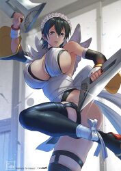 Rule 34 | 1girl, absurdres, apron, artist name, ass, black eyes, black hair, black leotard, black thighhighs, breasts, curvy, fighting stance, highleg, highleg leotard, highres, holding, holding weapon, huge ass, iroha (samurai spirits), large breasts, leotard, leotard under clothes, maid, maid headdress, matching hair/eyes, revealing clothes, samurai spirits, shiny skin, short hair, snk, solo, standing, standing on one leg, sweat, thick thighs, thighhighs, thighs, tomo eokaiteru, weapon, white apron