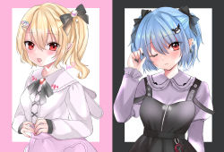 Rule 34 | 2girls, alternate costume, alternate hairstyle, arm up, artist name, black border, black dress, black neckwear, black ribbon, blonde hair, blue hair, blush, border, breasts, cismlyri, commentary request, contrapposto, dress, earclip, earrings, expressionless, fang, fingernails, flandre scarlet, hair between eyes, hair ornament, hair ribbon, hairclip, head tilt, highres, jewelry, juliet sleeves, kuromi, long sleeves, multiple girls, my melody, nail polish, no wings, one eye closed, one side up, onegai my melody, open mouth, pinafore dress, pink border, pointy ears, puffy sleeves, purple shirt, red eyes, remilia scarlet, ribbon, sanrio, shirt, short hair, short ponytail, siblings, simple background, sisters, sleeveless, sleeveless dress, sleeves past wrists, small breasts, split screen, standing, touhou, upper body, white background, white dress