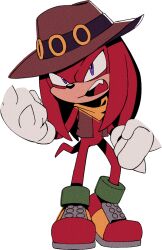 Rule 34 | 1boy, angry, animal nose, bandana, body fur, bottomless, brown hat, brown vest, clenched hands, cowboy hat, digimin, fang, full body, furry, furry male, gloves, hands up, hat, heel up, knuckles the echidna, long hair, looking at viewer, male focus, non-web source, official art, open clothes, open mouth, open vest, purple eyes, red footwear, red fur, red hair, ring (sonic), shoes, sidelocks, sideways mouth, simple background, solo, sonic (series), spiked gloves, standing, tail, teeth, the murder of sonic the hedgehog, tongue, transparent background, vest, yellow bandana, yellow gloves