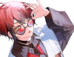 Rule 34 | 1boy, adjusting eyewear, ahoge, bishounen, black choker, black hair, black nails, choker, close-up, collared shirt, commentary, fang, hair between eyes, hair ornament, hairpin, hand up, highres, holostars, holostars english, looking at viewer, machina x flayon, machina x flayon (2nd costume), male focus, multicolored hair, one eye closed, red hair, shirt, shokuen (oxstl), short hair, solo, sunglasses, symbol-only commentary, tongue, tongue out, two-tone hair, upper body, virtual youtuber, white background, yellow eyes