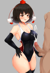 Rule 34 | 1boy, 1girl, armpit crease, black gloves, black hair, black one-piece swimsuit, black thighhighs, blush, breasts, brown eyes, caressing testicles, censored, clothed female nude male, commentary request, commission, competition swimsuit, covered navel, cowboy shot, cum, daichi (tokoya), ejaculation, elbow gloves, erection, gloved handjob, gloves, grey background, hand on own hip, handjob, hat, head out of frame, hetero, highres, large breasts, looking at another, mosaic censoring, nude, one-piece swimsuit, open mouth, penis, projectile cum, red headwear, shameimaru aya, sideboob, simple background, skeb commission, solo focus, swimsuit, testicles, thighhighs, tokin hat, touhou