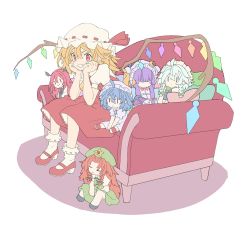 Rule 34 | 1girl, ahoge, ascot, banana takemura, black bow, blonde hair, blue eyes, blue hair, blunt bangs, bobby socks, bow, braid, character doll, couch, crescent, crescent pin, flandre scarlet, flat color, full body, green bow, green hat, grin, hair between eyes, hair bow, hair over eyes, hands up, hat, hat ribbon, head rest, head wings, high heels, highres, hong meiling, izayoi sakuya, koakuma, looking at viewer, mob cap, necktie, patchouli knowledge, pointy ears, puffy short sleeves, puffy sleeves, purple hair, red eyes, red footwear, red hair, red neckwear, red ribbon, red skirt, red vest, remilia scarlet, ribbon, shirt, shoes, short sleeves, sitting, skirt, skirt set, smile, socks, solo, touhou, twin braids, v arms, vest, white shirt, white socks, wings, yellow neckwear