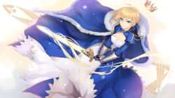 Rule 34 | 1girl, ahoge, armor, artoria pendragon (fate), avalon (fate/stay night), blonde hair, blue cape, blue dress, braid, breasts, bzerox, cape, cleavage, crown, dress, excalibur (fate/stay night), fate/stay night, fate (series), fur trim, gauntlets, green eyes, hair between eyes, unworn headwear, holding, holding sword, holding weapon, juliet sleeves, long sleeves, looking at viewer, parted lips, puffy sleeves, saber (fate), short hair, solo, sword, v-shaped eyebrows, weapon