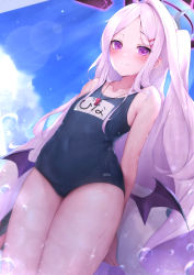 Rule 34 | 1girl, absurdres, ahoge, bad id, bad pixiv id, bare arms, bare shoulders, bat wings, black one-piece swimsuit, black wings, blue archive, blue sky, blush, breasts, closed mouth, cloud, collarbone, covered navel, day, demon girl, demon horns, demon tail, demon wings, detached wings, hair ornament, hairclip, halo, hapushilu, highres, hina (blue archive), hina (swimsuit) (blue archive), horns, lens flare, long hair, looking at viewer, low wings, mini wings, multiple horns, name tag, old school swimsuit, one-piece swimsuit, outdoors, parted bangs, purple eyes, red wings, school swimsuit, sky, smile, solo, sun, sunlight, swimsuit, tail, thighs, very long hair, water drop, wet, whistle, whistle around neck, white hair, wings