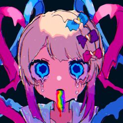 Rule 34 | 1girl, black background, blonde hair, blue bow, blue eyes, blue hair, bow, chouzetsusaikawa tenshi-chan, crying, crying with eyes open, distortion, hair bow, hair ornament, heart, heart hair ornament, highres, long hair, looking at viewer, madoro nil, melting, melting eyes, multicolored hair, needy girl overdose, pink bow, pink hair, portrait, purple bow, purple hair, quad tails, solo, tears, twintails, vomiting, vomiting rainbows