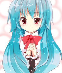 Rule 34 | 1girl, blue hair, bow, fa no hito, female focus, own hands clasped, heart, heart-shaped pupils, hinanawi tenshi, long hair, no headwear, no headwear, own hands together, red eyes, smile, solo, symbol-shaped pupils, touhou, wrist cuffs