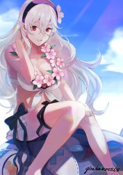 Rule 34 | 1girl, artist name, bikini, black hairband, blue sky, breasts, character doll, cleavage, cloud, commentary, corrin (female) (fire emblem), corrin (female) (summer) (fire emblem), corrin (fire emblem), fire emblem, fire emblem fates, fire emblem heroes, flower, flower necklace, gimkamres04, grin, hair between eyes, hair flower, hair ornament, hairband, highres, jewelry, lilith (fire emblem), long hair, looking at viewer, medium breasts, necklace, nintendo, official alternate costume, outdoors, pink flower, pointy ears, red eyes, sitting, sky, smile, solo, sunlight, swimsuit, very long hair, wavy hair, white bikini, white hair
